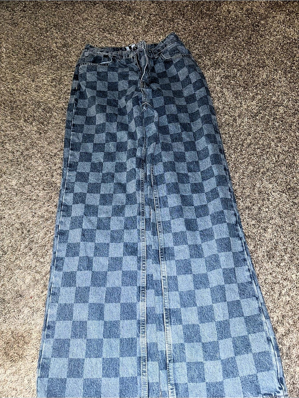 Raggedy Teas Women's Checkered Flare Jeans in Blue Like New